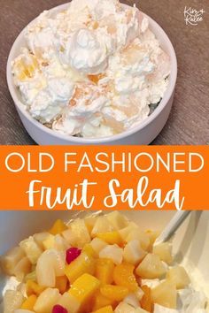 old fashioned fruit salad with whipped cream in a bowl and on the table next to it