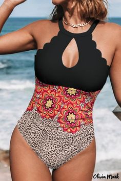 Color: Leopard Floral Color Block Scalloped Cutout Halter One-Piece Swimsuit, Size: L Scalloped One Piece Swimsuit, Swimsuit Material, Plus Size Swim, Cut Out One Piece, Halter One Piece Swimsuit, Scallop Trim, Beach Swimsuit, Floral Color, Swimsuit Fashion