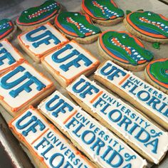 decorated cookies are displayed on a tray with florida written in blue, orange and white