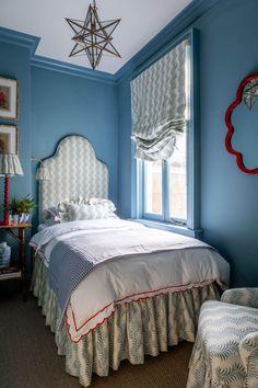 a bedroom with blue walls and white bedding