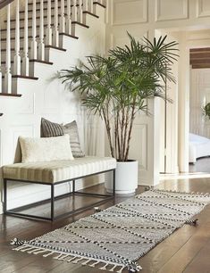 a living room with a white couch and a potted palm tree in the corner