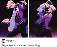 two pictures of people in purple and black outfits, one is kissing the other while the other