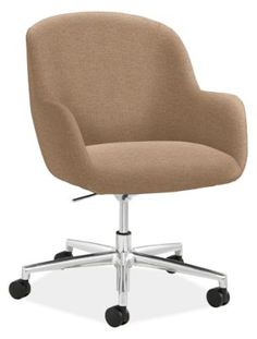 an office chair with wheels and a beige upholstered seat, viewed from the front