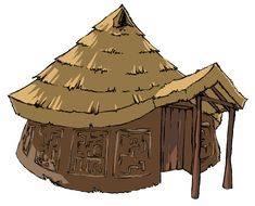 an old hut with thatched roof and wooden poles on the outside, in front of a white background