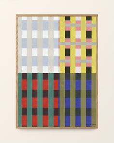 an abstract painting with multiple squares in different colors and sizes, on a white wall