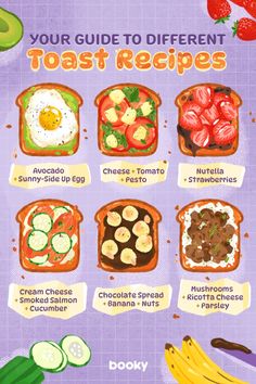 a poster showing different types of food on the side of a purple background with text