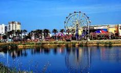 a ferris wheel sitting next to a lake in front of tall buildings and palm trees