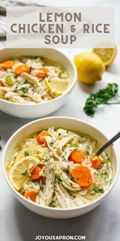 two bowls filled with lemon chicken and rice soup