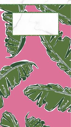 a pink background with green leaves and a white frame on the bottom right corner is an image of a palm tree