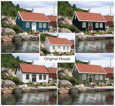 four pictures of houses on the water with rocks and grass in front of them, along with text that reads original house