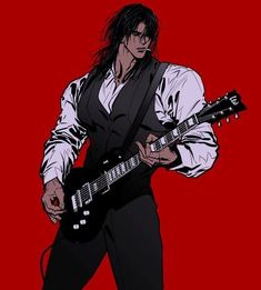 a man with long hair and glasses playing an electric guitar in front of a red background