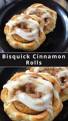 cinnamon rolls on a black plate with white icing