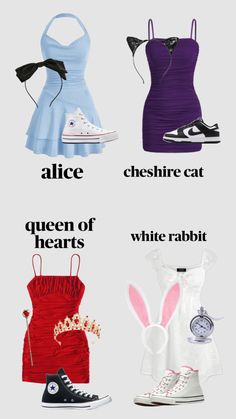 four different types of clothes with the words alice, queen of hearts and white rabbit