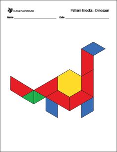 the pattern blocks - dinosaur is shown in red, yellow and blue squares with one block missing