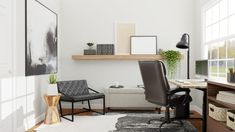 a home office with white walls and wood flooring, black leather chair, wooden desk, and framed pictures on the wall