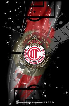 an image of a soccer team logo on a black and red background with white stars