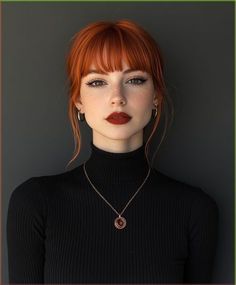 Copper Hair Round Face, Ginger Hair Black Highlights, Orange Hair Dark Eyebrows, Red Hair With Fun Colors, Ginger Hair Combinations, Bright Red Copper Hair, Hair Color Ideas For Bangs, From Brunette To Red Hair, Cooper Hair With Bangs