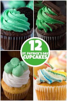 four different cupcakes with green frosting and shamrock decorations on them, including one for st patrick's day