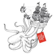 an octopus with a pirate ship on it's back and a red tag attached to its neck