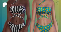 two women in swimsuits standing next to each other on a green and blue background