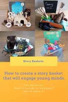 an advertisement for story baskets with pictures of animals and other things in it, including books