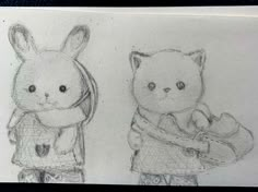 two pencil drawings of cats and rabbits holding baby items in their arms, one is wearing a sweater