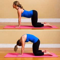 a woman doing a yoga pose on a pink mat