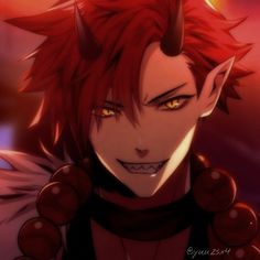 an anime character with red hair and horns on his head, staring at the camera