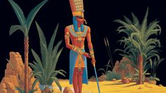 an ancient egyptian man standing in the desert with palm trees and other plants behind him