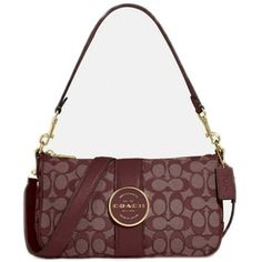 Coach Lonnie Baguette In Signature (Gold/Wine) Brand: COACH Color: Gold/Wine Model: C8306 Height: 3 inches Length: 10 inches Width: 6 inches Size: One Size.  Color: Brown.  Gender: female.  Age Group: adult. Wine Purse, Designer Bags Louis Vuitton, Gold Wine, Luxury Bags Collection, Coach Clutch, Wine Brands, Fossil Handbags, Purse Styles, Tory Burch Bag