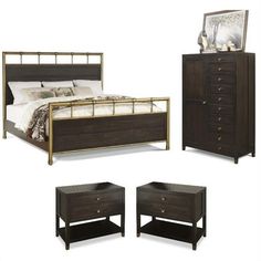 a bed, dresser and night stand are shown in three different positions with one side open