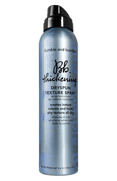 What it is: A translucent dry finishing spray that adds volume, lift and airy texture instantly.Who it's for: Ideal for those with fine-to-medium hair that is straight-to-wavy.What it does: It provides light-to-medium hold while nourishing hair and adding texture and volume.How to use: Shake well. Hold the can 10 inches away from dry hair and spray in even strokes when you want lift and airy texture. Style Name:Bumble And Bumble. Dryspun Texture Spray. Style Number: 5707992. Available in stores. Best Texturizing Spray, Best Hairspray, Bumble And Bumble Thickening, Undone Hair, Hair Volume Spray, Volumizing Spray, Texture Spray, Finishing Spray, Top Beauty