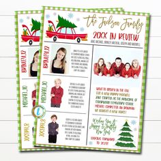 two christmas brochures with pictures of people in red sweaters and green checkered background