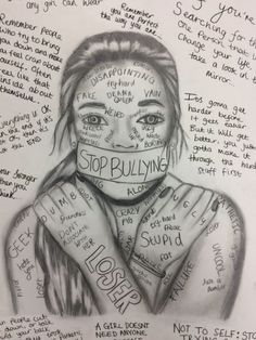 a drawing of a woman's face with words written all over her body and neck