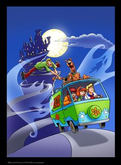 the scooby gang rides in their vw camper van at night time