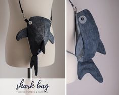 two pictures of the same shark bag hanging on a mannequin head