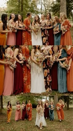 a group of women standing next to each other in dresses and holding bouquets together