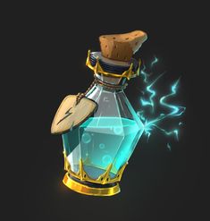 a glass bottle filled with liquid and a wooden cap on top of it, surrounded by lightning