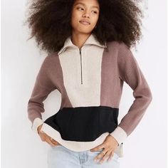 New With Tag. Retail Price $98. With A Foldover Half-Zip Collar And Patch Pockets, This Colorblock Ribbed Sweater Is A Switch-Up From Your Regular Rotation Of Casual Crewnecks. Boxy Fit. Underarm To Underarm: 20.5" Length: 23.5" Front; 25" Back Madewell Cardigan, Colorblock Sweater, Ski Outfit, Henley Sweater, Madewell Sweater, Madewell Sweaters, Crochet Inspo, Merino Wool Sweater, Half Zip Pullover