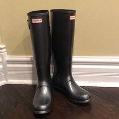 These Boots Are New Without . Dark Metallic Gray Color. Size 8. There Are Some Scuffs On One Side Of The Each Boots. Please See The Last 2 Pictures. Hunter Chelsea Rain Boots, Red Rain Boots, Black Hunter Boots, Tall Hunter Boots, Hunter Boots Socks, Joan Of Arctic Wedge, Rain Boots Women, Black Rain Boots, Sorel Joan Of Arctic