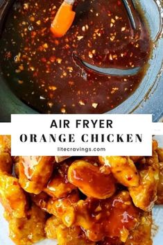 an air fryer with orange chicken in it and the words, air fryer orange chicken