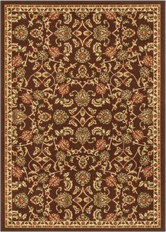 a brown rug with an ornate design on the top and bottom, surrounded by flowers