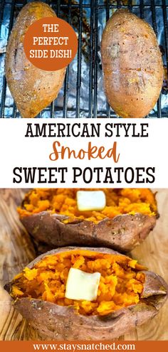 baked sweet potatoes on the grill with text overlay that reads american style smoked sweet potatoes