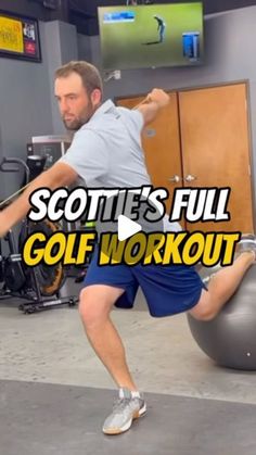 a man is doing exercises on an exercise ball in a gym with the words scottie's full golf workout