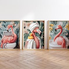 three flamingos with towels on their heads are standing in front of a wall mural