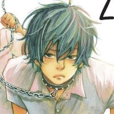 an anime character with green hair holding a chain around his neck and wearing a white shirt