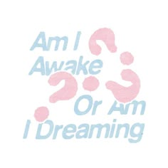 the words i am i awake or am i dreaming are in blue and pink letters