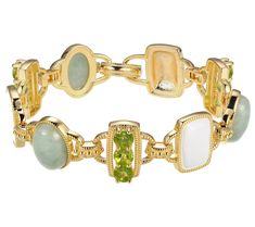 Adorn your wrist with the elegance of this 18K gold-plated sterling silver bracelet, featuring bold station links of genuine green jade and peridot, complemented by white enamel inlay. Its foldover clasp ensures a secure fit, making it a stunning accessory for any occasion. From the moment you clasp it on, it promises to be a conversation starter. Luxury Elegant Gold Link Bracelet, Jade Bracelet, Gold Plated Bracelets, Statement Bracelet, Bracelet Clasps, Green Jade, Gold Plated Sterling Silver, Sterling Silver Bracelets, Womens Jewelry Bracelets