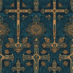 an intricately designed wallpaper with gold crosses and scrolls on blue background, as well as ornate designs