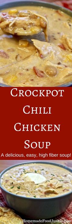 the crockpot chili chicken soup is in a bowl with a spoon on top